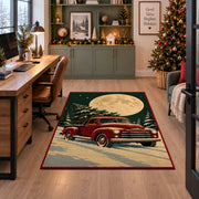 red vintage pickup truck carrying a Christmas tree through snow area rug, holiday room view 7