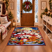 Santa with snowmen, penguins and gingerbread friends in snowy village area rug, holiday room view 1