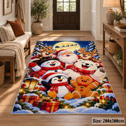 Santa with snowmen, penguins and gingerbread friends in snowy village area rug, holiday room view 2