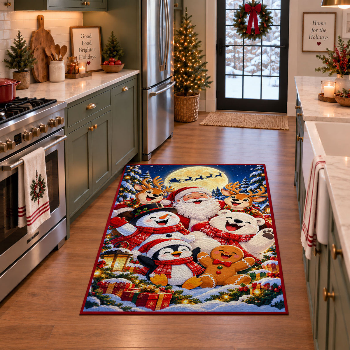 Santa with snowmen, penguins and gingerbread friends in snowy village area rug, holiday room view 3