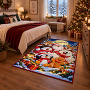 Santa with snowmen, penguins and gingerbread friends in snowy village area rug, holiday room view 6