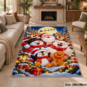 Santa with snowmen, penguins and gingerbread friends in snowy village area rug, holiday room view 8