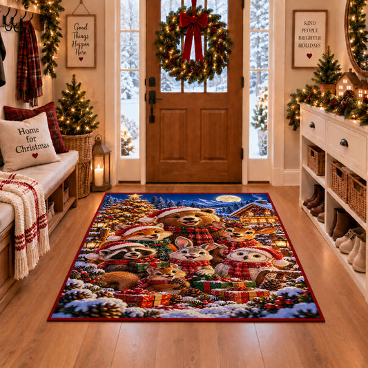 bear, rabbit and woodland friends around holiday gifts area rug, holiday room view 1