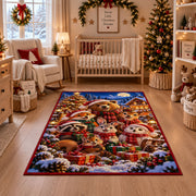 bear, rabbit and woodland friends around holiday gifts area rug, holiday room view 10