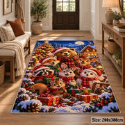 bear, rabbit and woodland friends around holiday gifts area rug, holiday room view 2