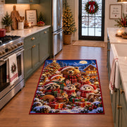 bear, rabbit and woodland friends around holiday gifts area rug, holiday room view 3