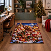 bear, rabbit and woodland friends around holiday gifts area rug, holiday room view 4