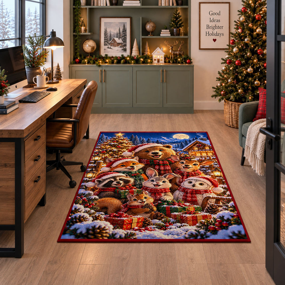 bear, rabbit and woodland friends around holiday gifts area rug, holiday room view 7