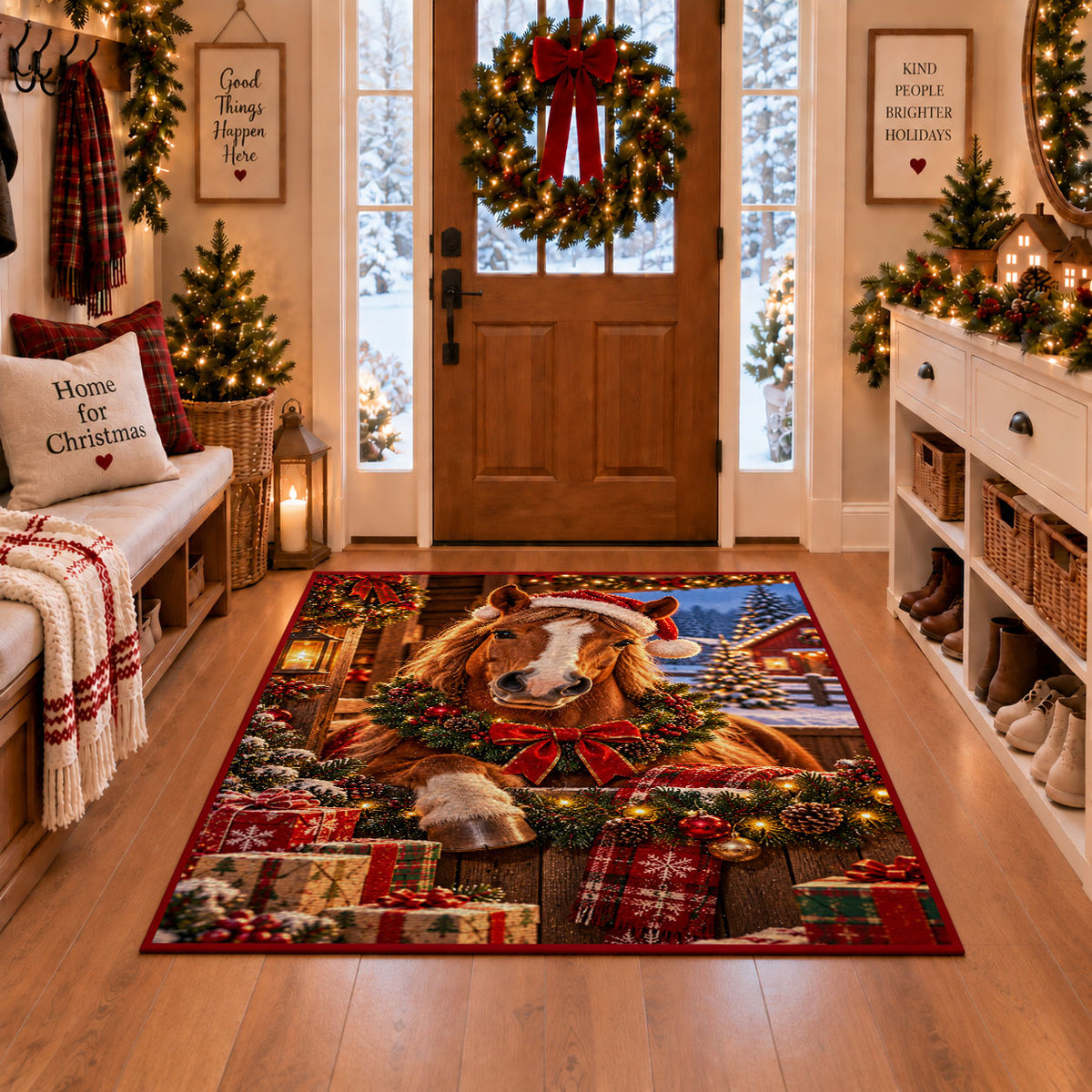horse in Santa hat beside a Christmas wreath and wrapped presents area rug, holiday room view 1