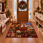 horse in Santa hat beside a Christmas wreath and wrapped presents area rug, holiday room view 1