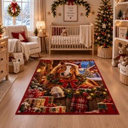 horse in Santa hat beside a Christmas wreath and wrapped presents area rug, holiday room view 10