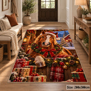 horse in Santa hat beside a Christmas wreath and wrapped presents area rug, holiday room view 2