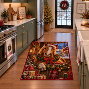 horse in Santa hat beside a Christmas wreath and wrapped presents area rug, holiday room view 3