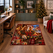 horse in Santa hat beside a Christmas wreath and wrapped presents area rug, holiday room view 4