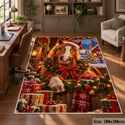 horse in Santa hat beside a Christmas wreath and wrapped presents area rug, holiday room view 5