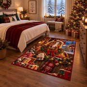 horse in Santa hat beside a Christmas wreath and wrapped presents area rug, holiday room view 6