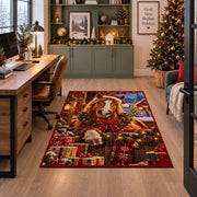 horse in Santa hat beside a Christmas wreath and wrapped presents area rug, holiday room view 7