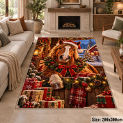 horse in Santa hat beside a Christmas wreath and wrapped presents area rug, holiday room view 8