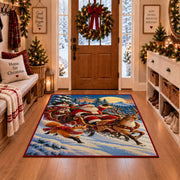 Santa sleigh and reindeer crossing a snowy mountain landscape area rug, holiday room view 1