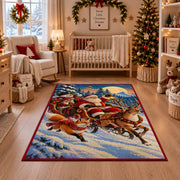 Santa sleigh and reindeer crossing a snowy mountain landscape area rug, holiday room view 10