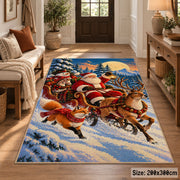 Santa sleigh and reindeer crossing a snowy mountain landscape area rug, holiday room view 2