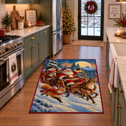 Santa sleigh and reindeer crossing a snowy mountain landscape area rug, holiday room view 3