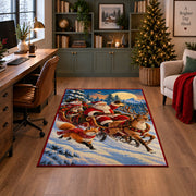 Santa sleigh and reindeer crossing a snowy mountain landscape area rug, holiday room view 4