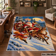 Santa sleigh and reindeer crossing a snowy mountain landscape area rug, holiday room view 5