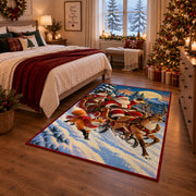 Santa sleigh and reindeer crossing a snowy mountain landscape area rug, holiday room view 6