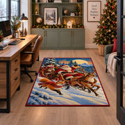 Santa sleigh and reindeer crossing a snowy mountain landscape area rug, holiday room view 7