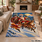 Santa sleigh and reindeer crossing a snowy mountain landscape area rug, holiday room view 8