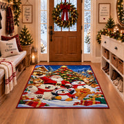 Santa and cheerful snowmen with penguin and gingerbread near a tree area rug, holiday room view 1