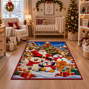 Santa and cheerful snowmen with penguin and gingerbread near a tree area rug, holiday room view 10