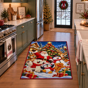 Santa and cheerful snowmen with penguin and gingerbread near a tree area rug, holiday room view 3