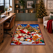 Santa and cheerful snowmen with penguin and gingerbread near a tree area rug, holiday room view 4