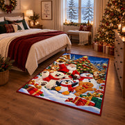 Santa and cheerful snowmen with penguin and gingerbread near a tree area rug, holiday room view 6