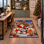 Santa and cheerful snowmen with penguin and gingerbread near a tree area rug, holiday room view 7