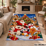 Santa and cheerful snowmen with penguin and gingerbread near a tree area rug, holiday room view 8