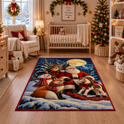 Santa, deer, fox and snowman in moonlit winter woods area rug, holiday room view 10