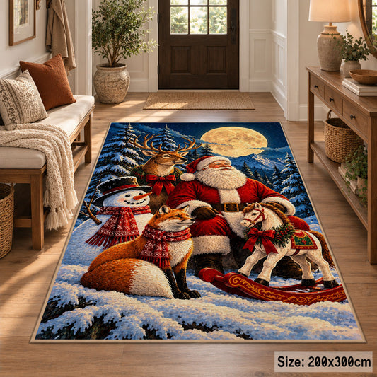 Santa, deer, fox and snowman in moonlit winter woods area rug, holiday room view 2