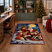 Santa, deer, fox and snowman in moonlit winter woods area rug, holiday room view 4