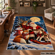 Santa, deer, fox and snowman in moonlit winter woods area rug, holiday room view 5