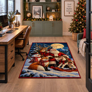 Santa, deer, fox and snowman in moonlit winter woods area rug, holiday room view 7