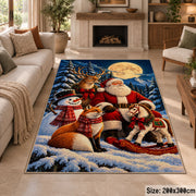 Santa, deer, fox and snowman in moonlit winter woods area rug, holiday room view 8