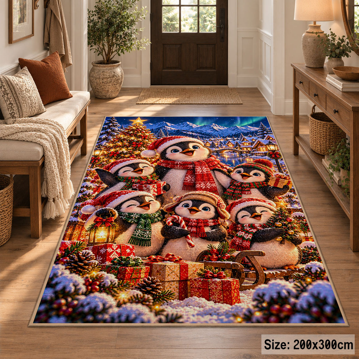 penguin family with wrapped Christmas gifts under glowing lights area rug, holiday room view 2