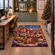 penguin family with wrapped Christmas gifts under glowing lights area rug, holiday room view 7