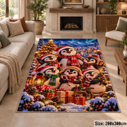 penguin family with wrapped Christmas gifts under glowing lights area rug, holiday room view 8