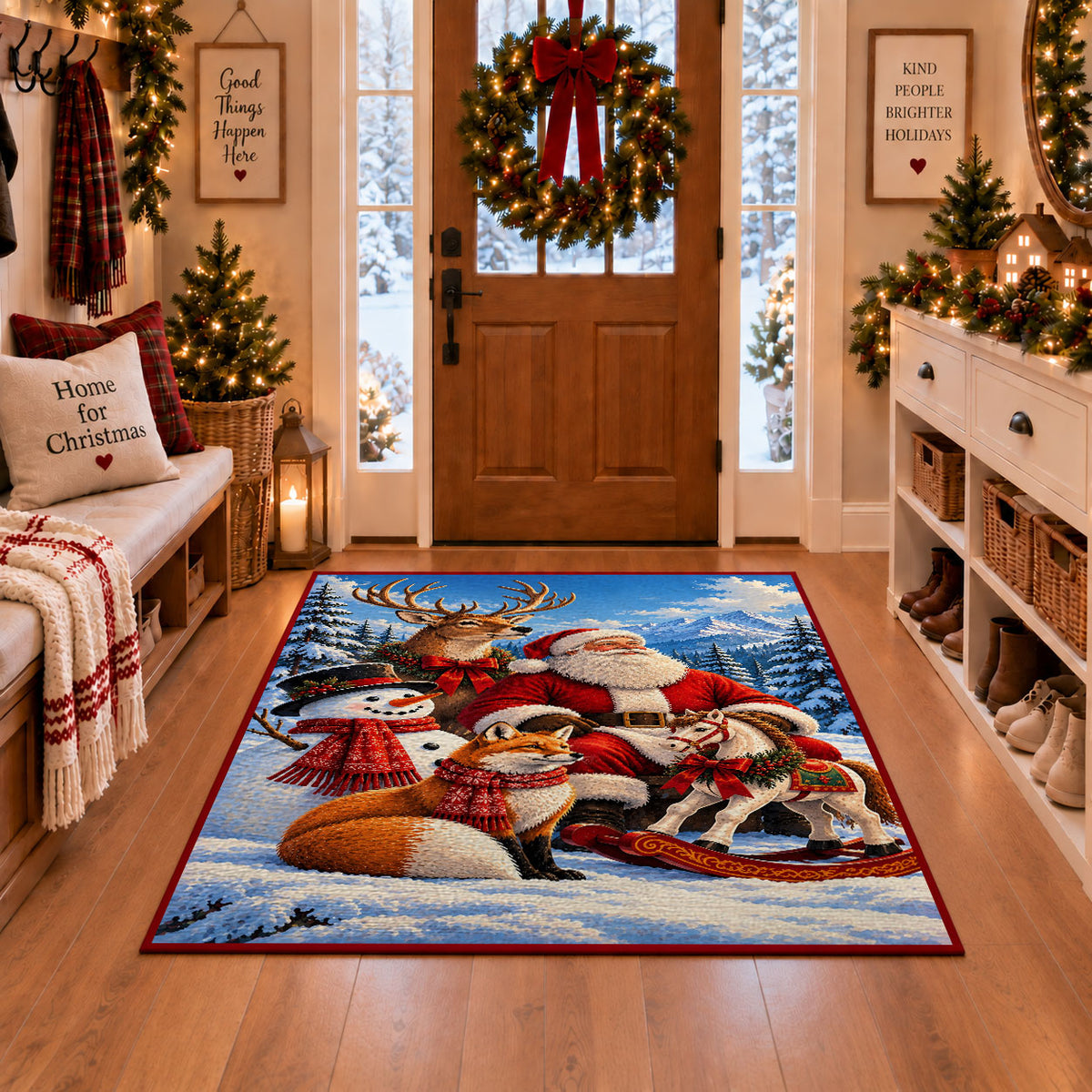 Santa with woodland animals and sleigh in snowy pines area rug, holiday room view 1
