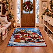 Santa with woodland animals and sleigh in snowy pines area rug, holiday room view 1