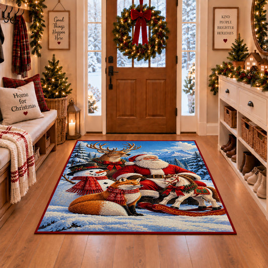 Santa with woodland animals and sleigh in snowy pines area rug, holiday room view 1